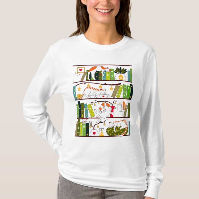 T-shirt Chats Sur La Librairie, Chat Et Livre Cadeau Lover (Devant)