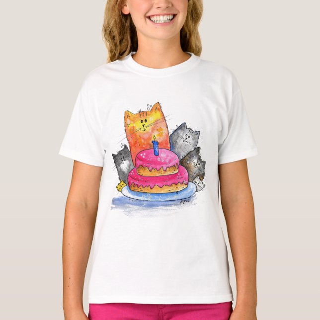 T-shirt Chats Whimsical avec gâteau d'anniversaire (Devant)