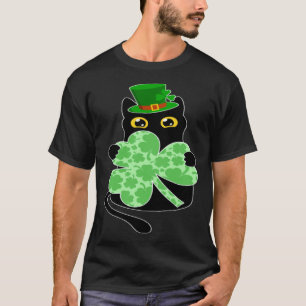T-shirt Chatte chat noir tenant un trèfle jour de la Saint