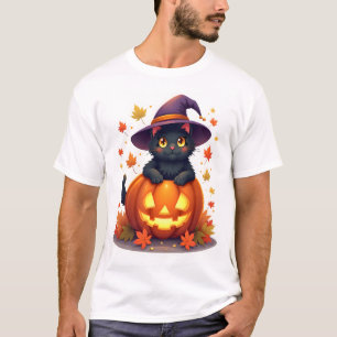 T-shirt Chatte Sorcière avec un Chapeau Citrouille