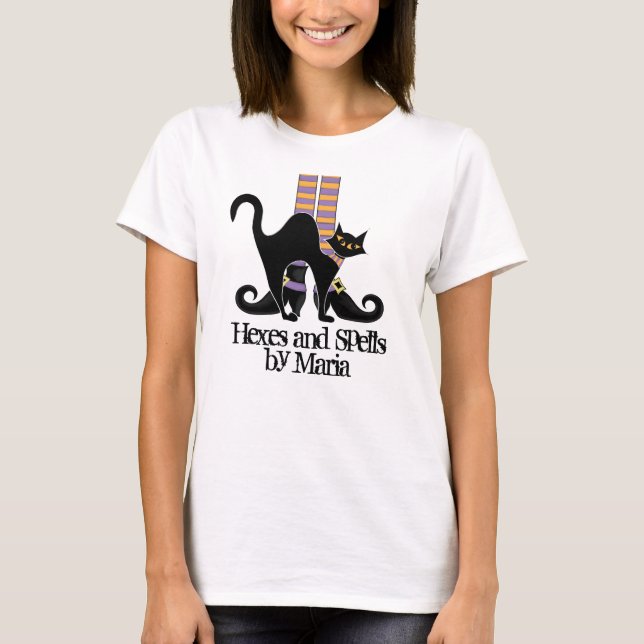 T-shirt Chaussures en sorcière blanche Halloween Chat noir (Devant)