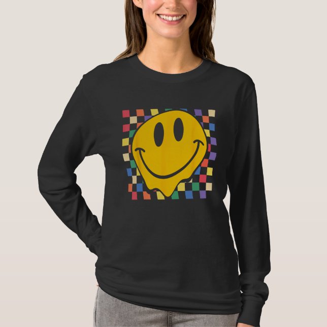 T-shirt Checkerboard Smiling Face Groovy LGBT Rainbow Prid (Devant)