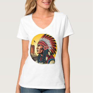 T-shirt Chef amérindien sur paysage sauvage coucher de sol