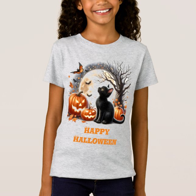 T-Shirt Chemise à col blanc Halloween Chat noir Gris Crewn (Devant)