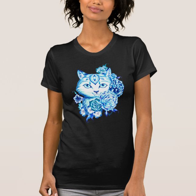 T-shirt Chemise bleue tirée par la main élégante de chat (Devant)
