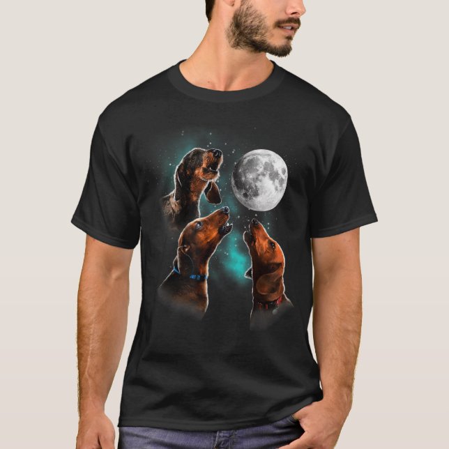 T-shirt Chemise Dachshund, Dachshund Howling Sur La Lune,  (Devant)