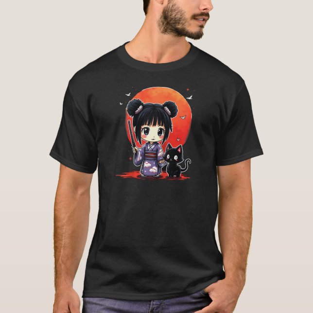 T-shirt Chemise de baseball raglan Anime Girl Samurai Cat (Devant)
