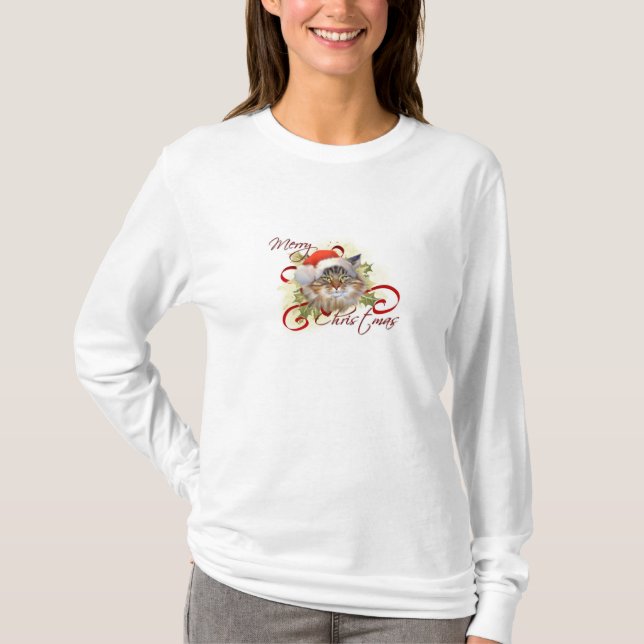 T-shirt Chemise de Noël de chat de ragondin du Maine (Devant)
