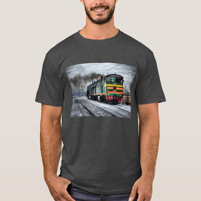 T-shirt Chemise de train Locomotive noire, jaune et rouge (Devant)