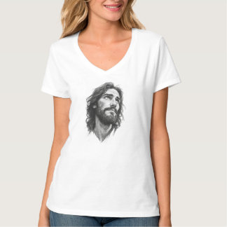 T-shirt Chemise féminine col en V dessin au crayon Jésus 