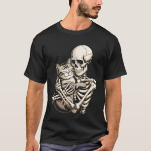 T-shirt Chemise Halloween de chat qui étreint un squelette