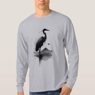 T-shirt Chemise Japonaise Sumi-e Grue Zen Manches Longues