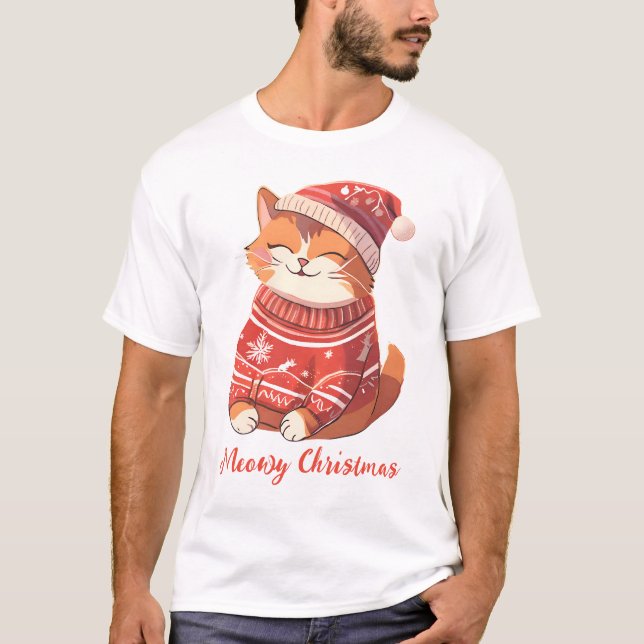 T-shirt Chemise Meowy Noël Homme avec chat festif (Devant)