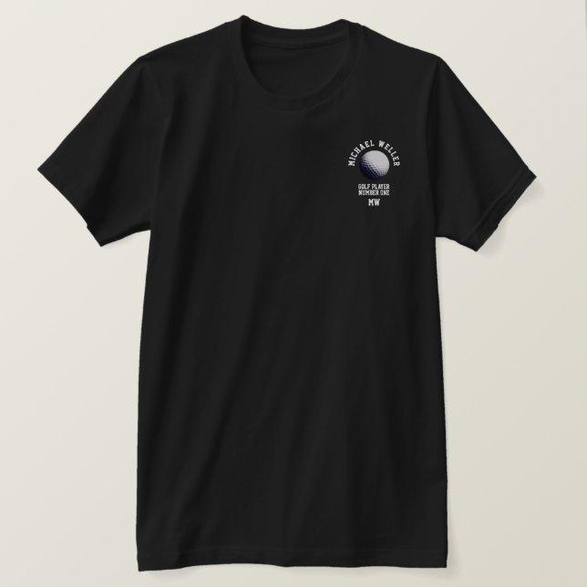 T-shirt chemise noire avec nom de golfeur et balle de golf (Design devant)