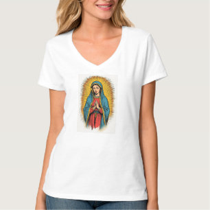 T-shirt Chemise rétro col en V pour femmes Vierge Marie