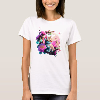 T-shirt Chemise T Acrylique Cute Flower Cat