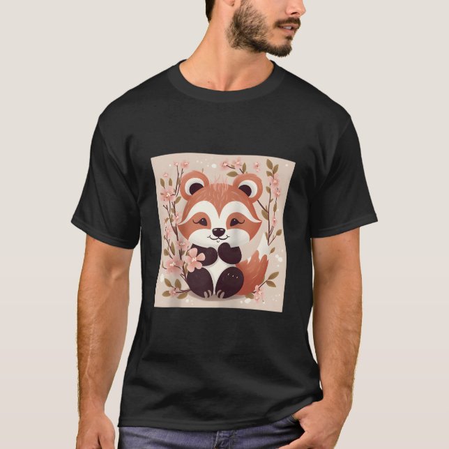 T-shirt Cherry Blossom And Red Panda Illustration Baseball (Devant)
