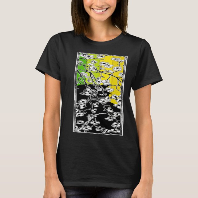 T-shirt Cherry Blossom Flowers Cat Black Stripes Green and (Devant)
