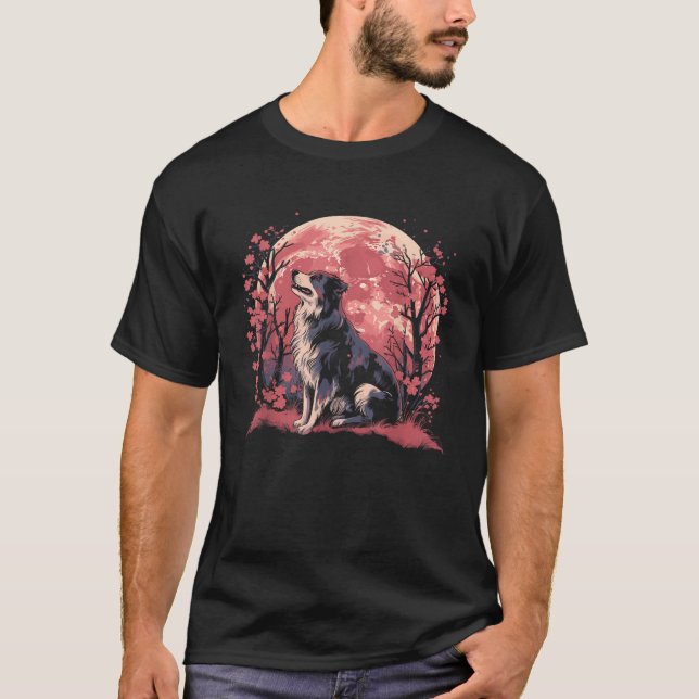 T-shirt Cherry Blossom Moon Australian Shepherd Aussie Dog (Devant)
