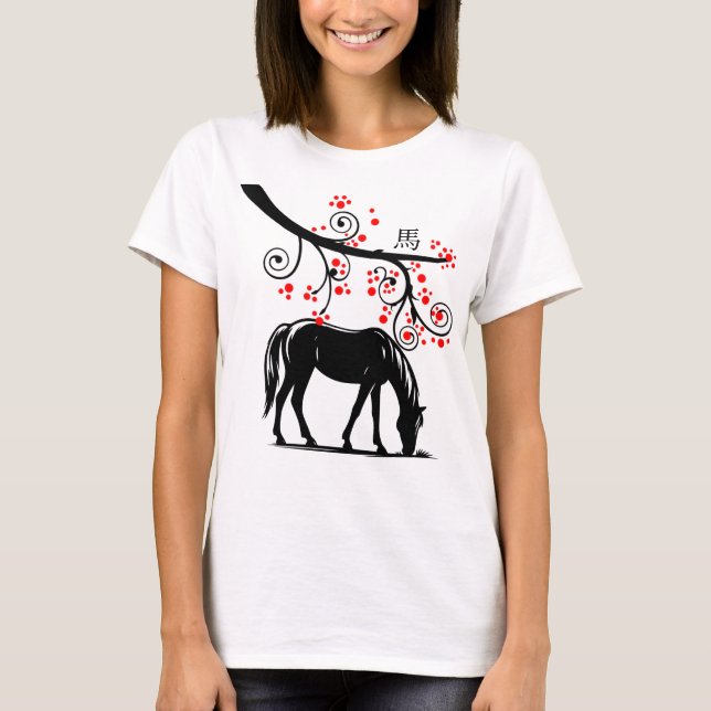 T-shirt Cheval chinois du Nouvel An et fleurs rouges (Devant)