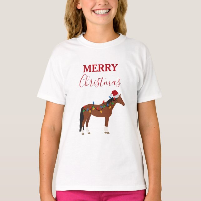 T-shirt Cheval de Noël Santa Chapeau Noël Lumières (Devant)