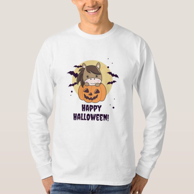 T-shirt Cheval En Chevaux Doux Citrouille Joyeux Halloween (Devant)