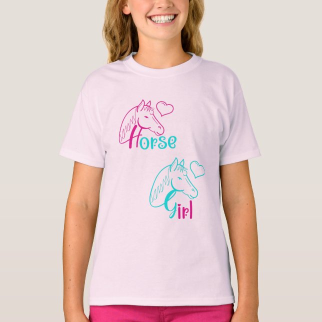 T-shirt Cheval Girl en rose et turquoise (Devant)