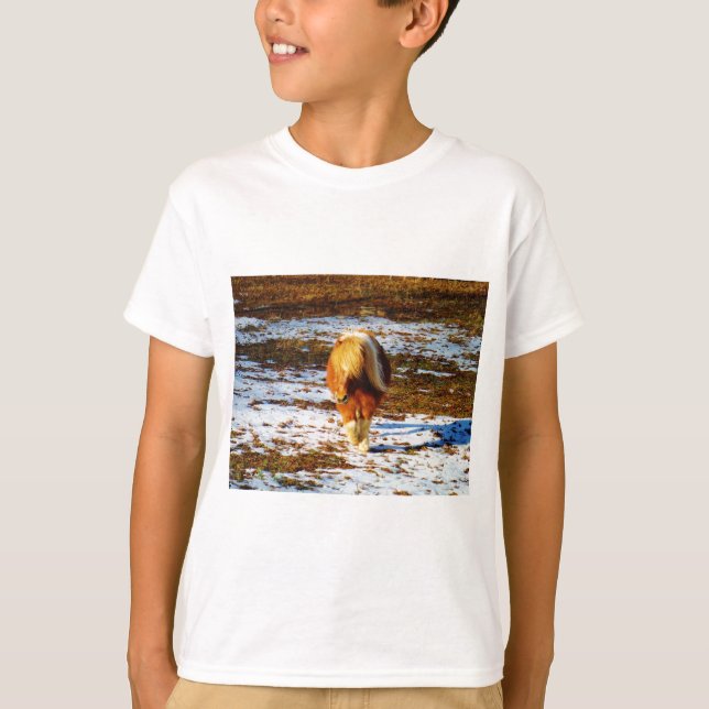 T-shirt Cheval miniature Brown et crème dans la neige. (Devant)