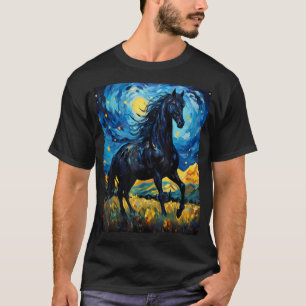T-shirt Cheval noir Van Gogh Nuit étoilée Peinture Sauvage