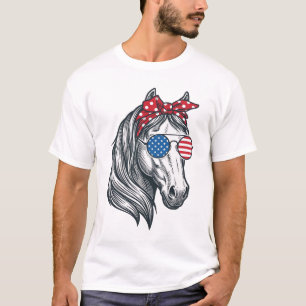 T-shirt Cheval Patriotique Avec Lunettes De Soleil Drapeau