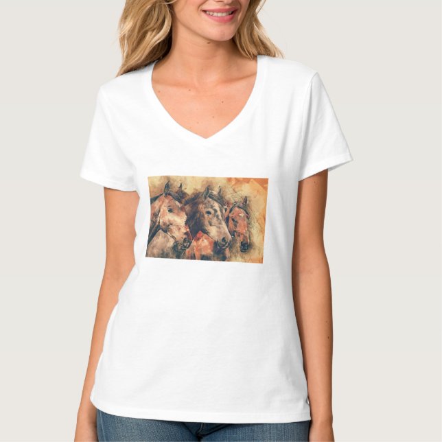 T-shirt Chevaux Peinture d'aquarelle artistique (Devant)