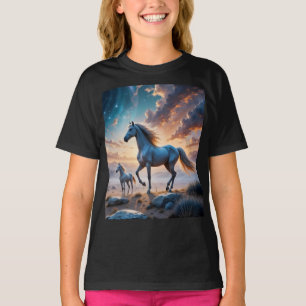 T-shirt Chevaux sauvages Mare et poulain dans le paysage d