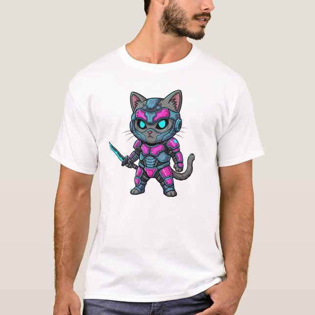 T-shirt Chibi Cyber Ninja Cat – Neon Armor (Devant)