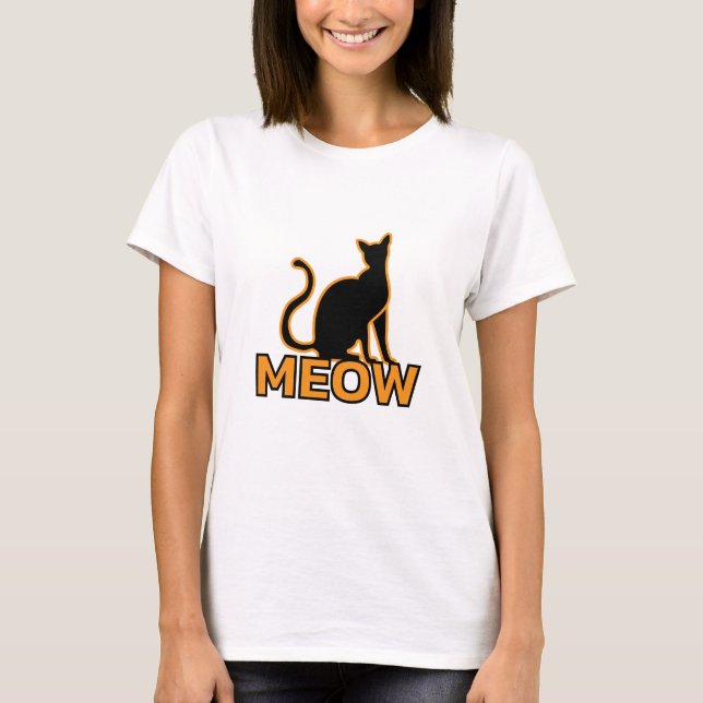 T-shirt Chic Feline Charme - Orange ‘MEOW’ Chat Silhouette (Devant)