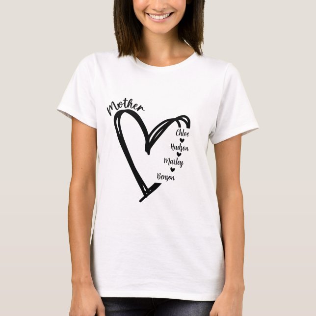 T-shirt Chic Mothers Day Heart avec 4 noms d'enfants (Devant)