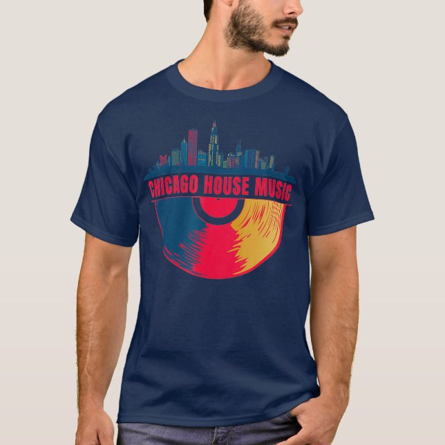 T-shirt Chicago House Music Vinyl Dj Raver drapeau Skyline (Devant)