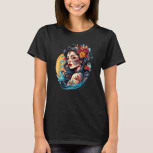 T-shirt Chicano Girl Mexico Fleurs Mort Jolie 2
