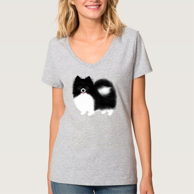 T-shirt Chien caricature de Poméranie noir et blanc (Devant)