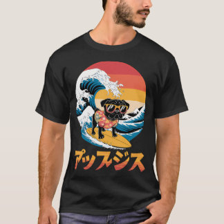 T-shirt Chien Carlin Noir Drôle Vague Japonaise Kanagawa