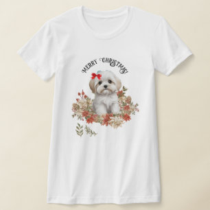 T-shirt Chien chiot maltais de Noël, avec des fleurs