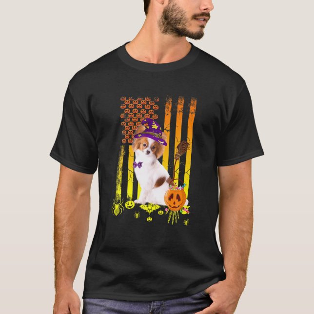 T-shirt Chien Citrouille américain Drapeau d'Halloween Chi (Devant)