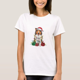 T-shirt Chien Colley Rêche avec Chapeau de Père Noël Éclai