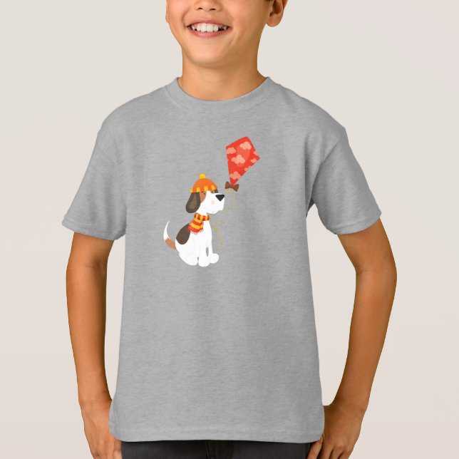 T-shirt Chien d'automne, Chien mignon, Chien avec cerf-vol (Devant)
