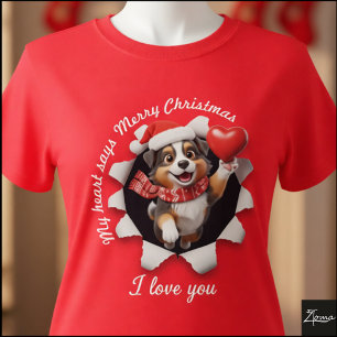 T-shirt Chien de berger australien Puppy Noël Cœur Écharpe