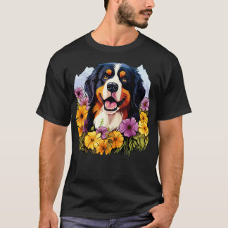 T-shirt Chien de montagne bernois mignon dans le jardin fl