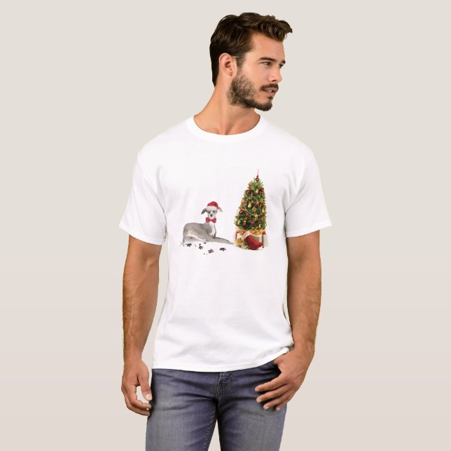 T-shirt Chien de Noël italien Greyhound avec arbre (Devant entier)
