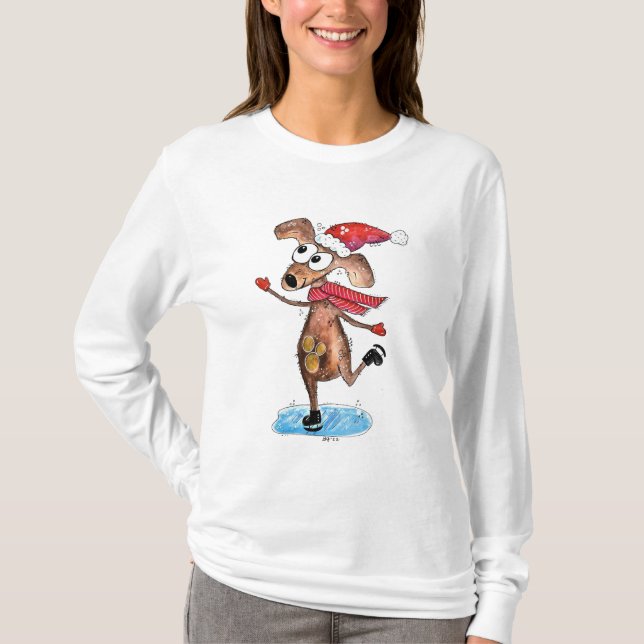T-shirt Chien de Noël Whimsical sur patins à glace (Devant)