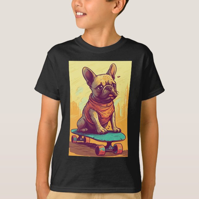 T-shirt Chien de taureau français sur skateboard (Devant)