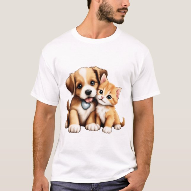 T-shirt Chien Et Chat Mignons En Amour (Devant)