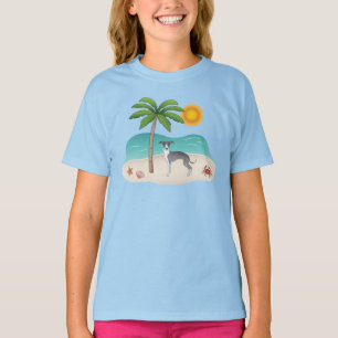 T-shirt Chien Iggy Bleu Et Blanc Sur Une Plage Tropicale D